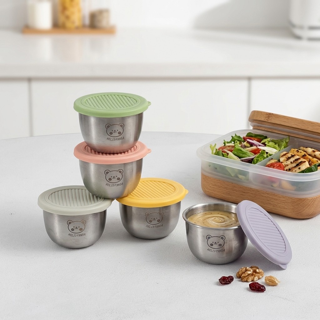 Sauce Dipping Cup - 1/6 ชิ้น 304 ภาชนะใส่ซอสสแตนเลสแบบใช้ซ้ำได้ ถ้วยซอสทรงกลมพร้อมฝาปิด กล่องซอสแบบพกพาสำหรับใช้กลางแจ้ง