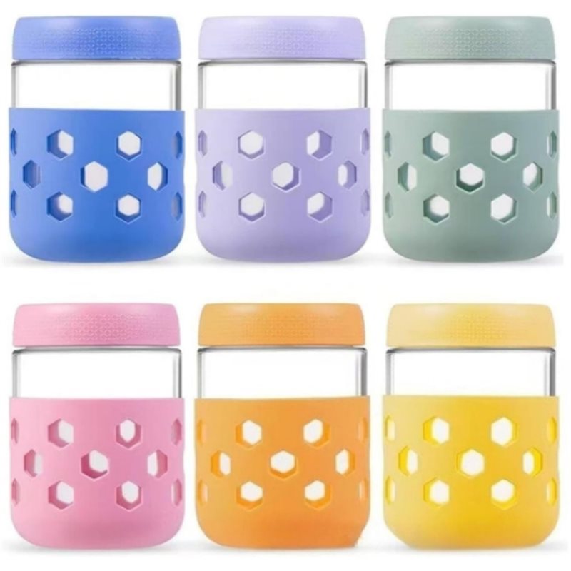 Meal Prep Glass - ขวดแก้วเนื้อนิ่มพร้อมฝาปิดสุญญากาศ, ขวดเตรียมอาหารปากกว้าง (1 ชุด), ภาชนะใส่ข้าวโอ๊ตข้ามคืนพร้อมฝาปิดและปลอกซิลิโคน