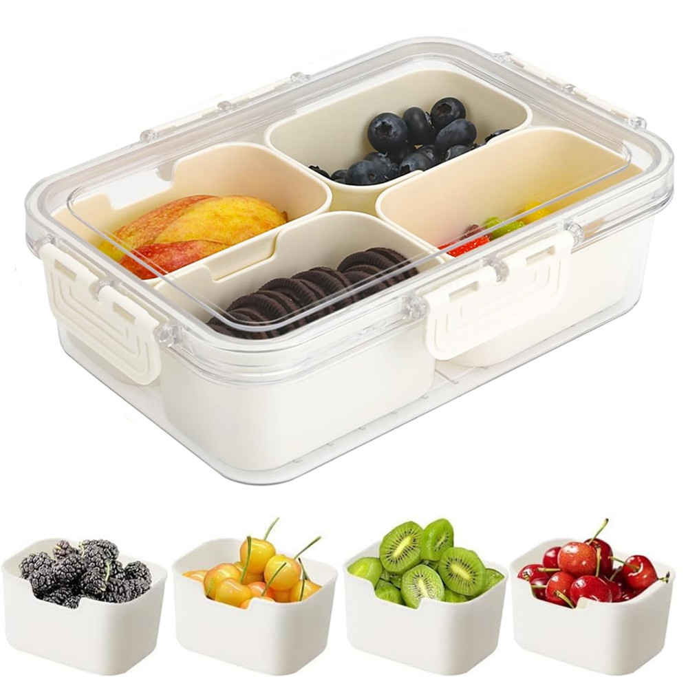 Meal Prep Box - กล่องเก็บอาหารแบบพกพา, กล่องเก็บขนม, 4 ช่องพร้อมฝาปิด, ถาดแยกสำหรับเสิร์ฟ, กล่องขนมสำหรับครัว,