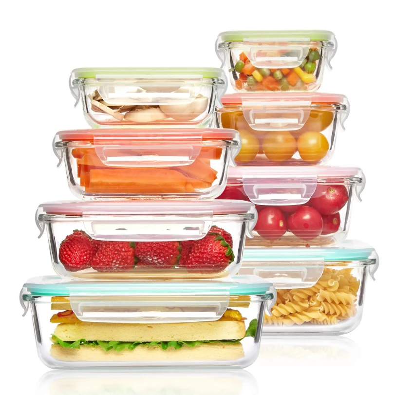 Meal Prep Glass - กล่องอาหารกลางวันแก้วสำหรับเก็บอาหาร, กล่องเตรียมอาหาร, กล่องเบนโตะปิดสนิท, ใช้ได้กับไมโครเวฟ, เตาอบ, ตู้แช่แข็ง