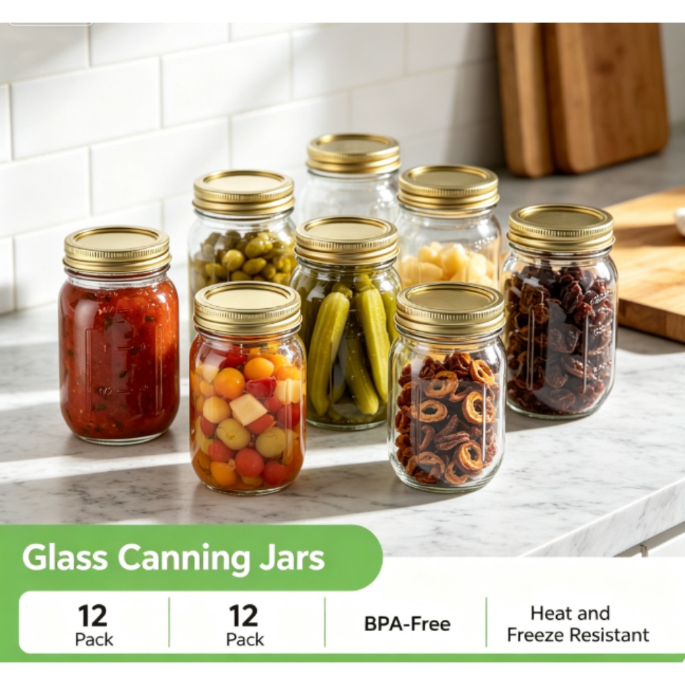 Meal Preparation - ขวดเมสันขนาด 16 ออนซ์ ยี่ห้อ Mainstays, ขวดพินต์มาตรฐานพร้อมฝาปิดและวงแหวนซีล,
