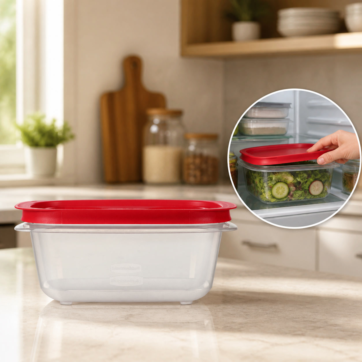 Meal Prep Box - กล่องเก็บอาหารทรงสี่เหลี่ยมขนาด 5.26 คัพ พร้อมฝาปิดสีแดงที่ใช้งานง่าย สามารถวางซ้อนกันได้ เหมาะสำหรับการเตรียมอาหารในครัว