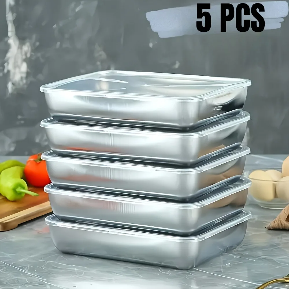Meal Prep Glass - ชุดกล่องถนอมอาหารสแตนเลส 5 ชิ้น แบบซ้อนได้ ปิดสนิท สำหรับจัดระเบียบในครัว