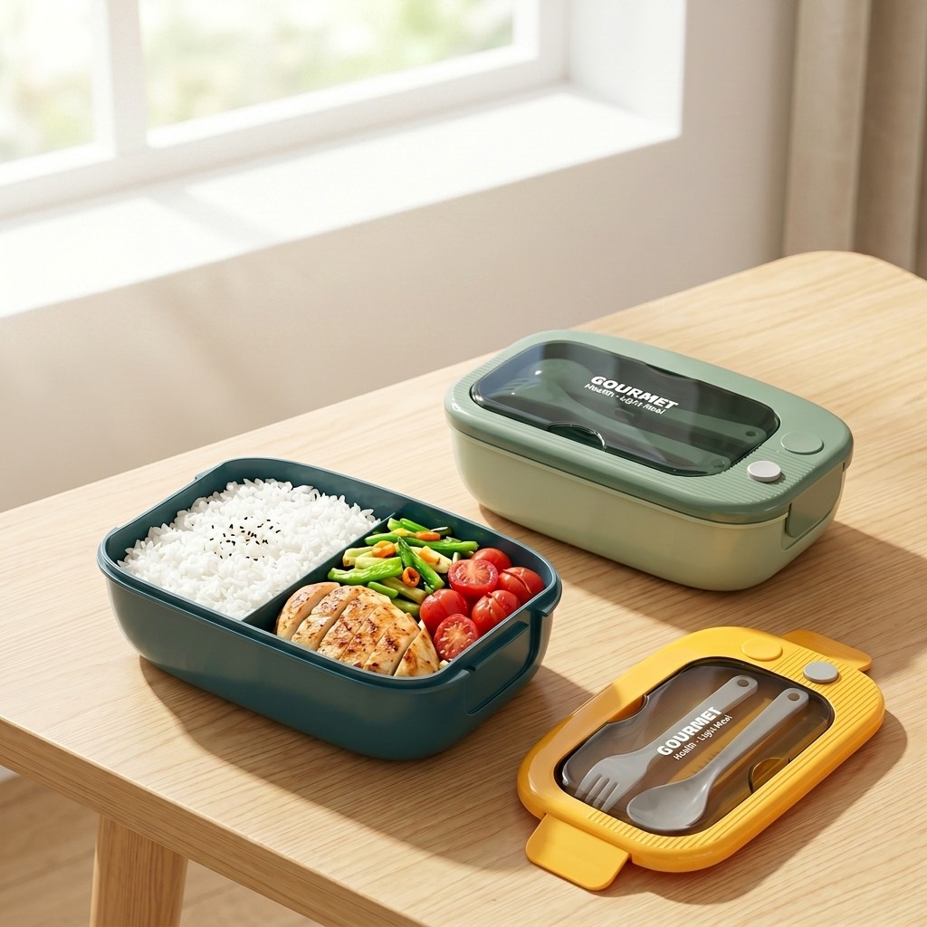 Meal Preparation - กล่องเบนโตพลาสติกสำหรับไมโครเวฟ 2 ช่อง ป้องกันการรั่วซึม พร้อมช้อนส้อม กล่องใส่อาหารสำหรับเตรียมอาหาร